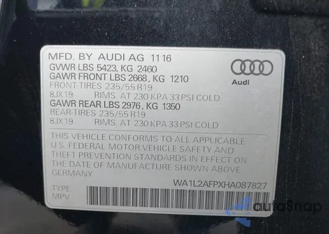 2017 Audi Q5 2.0T Premium из США, поврежденный, VIN WA1L2AFPXHA087827